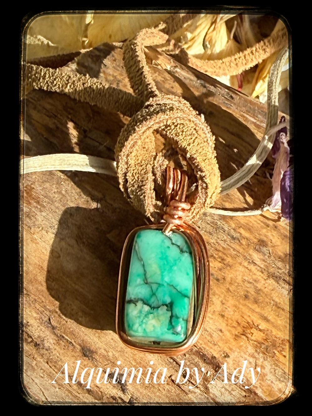 Statement Green turquoise boho necklace + Camel natural suede